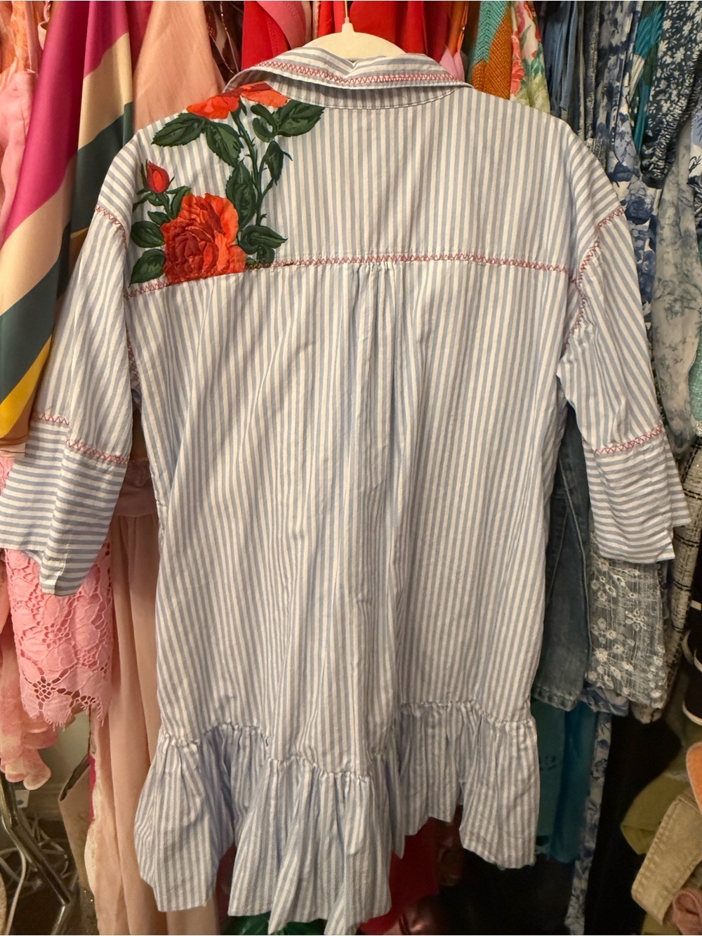 Maeve Blue & White Stripe Dress with Red Rose Embroidery - Picture 2 of 3